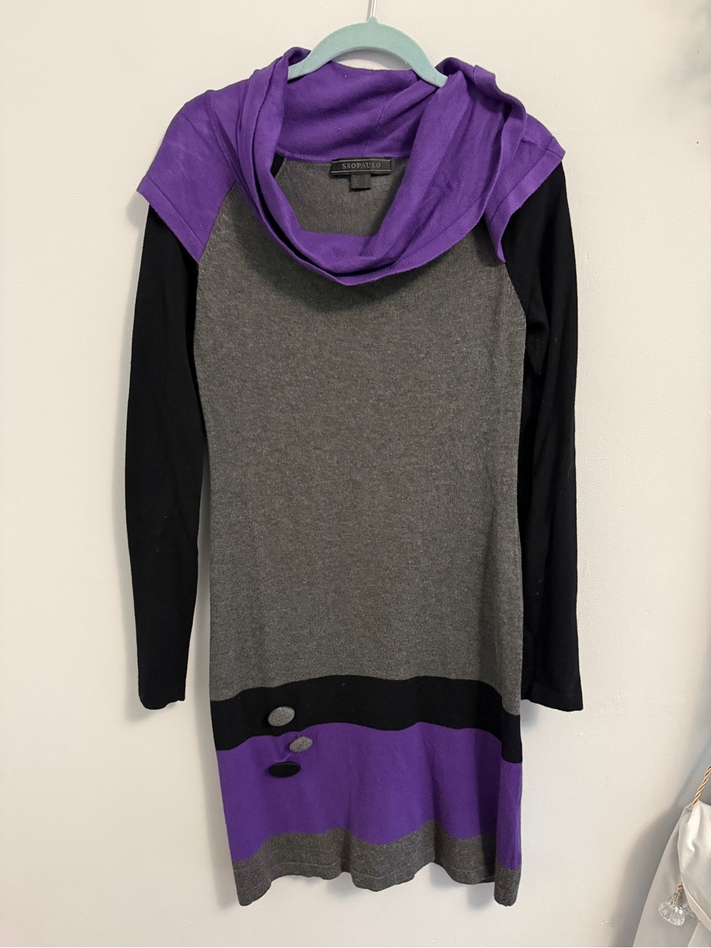 Colorblock Cowl Neck Sweater Dress - Gray, Black & Purple